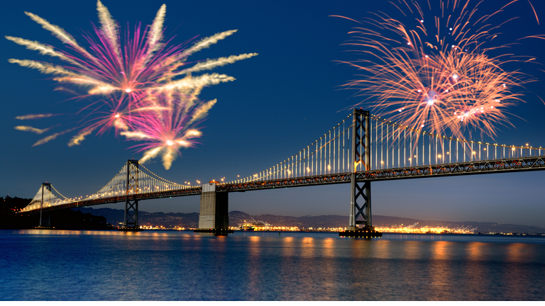 New Year Fireworks over Bay Bridge, San Francisco