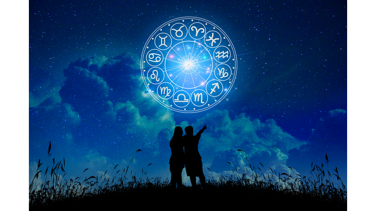 Lovers stand in the stars zodiac signs inside of horoscope circle. Astrology in the sky with many stars and moons  astrology and horoscopes concept