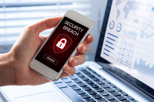 Security breach, smartphone screen, infected by internet virus, cyberattack hacking