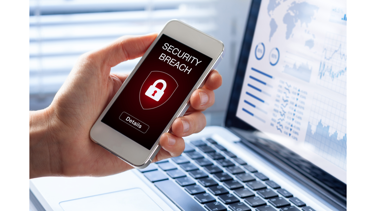Security breach, smartphone screen, infected by internet virus, cyberattack hacking