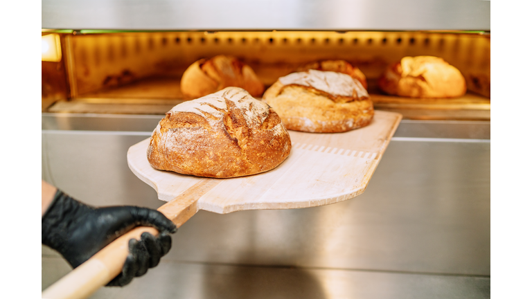 Baker putting bread in the bakery oven cowering on the floor of the bakery