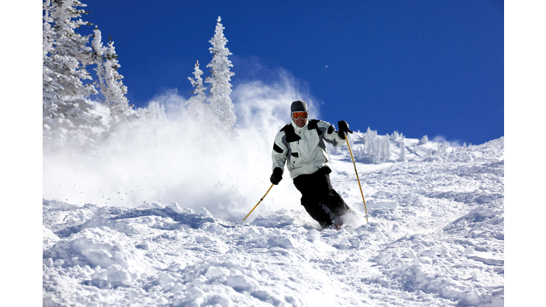 Man Skier in Action in Powder Snow With Clear Sky