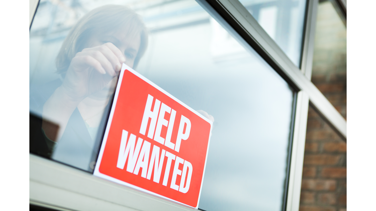 HELP WANTED Recruitment Sign Displayed for Hiring, Employment, Economic Recovery