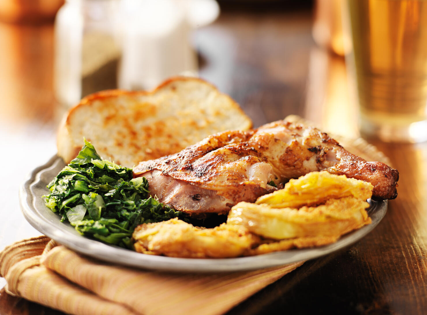 soul food collard greens, smoked chicken and fried green tomatoes