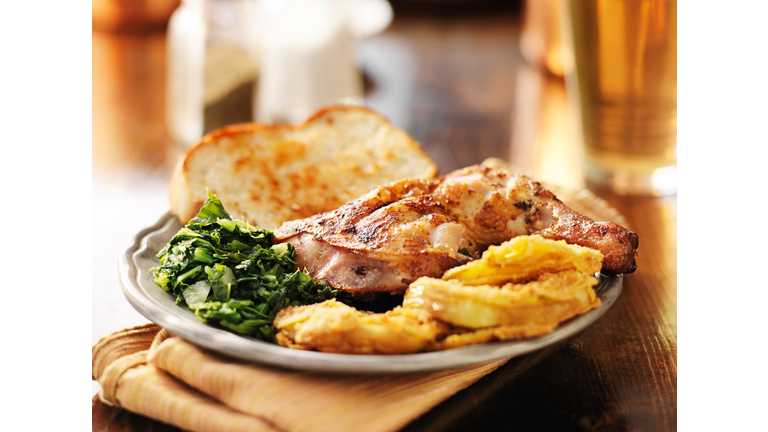 soul food collard greens, smoked chicken and fried green tomatoes