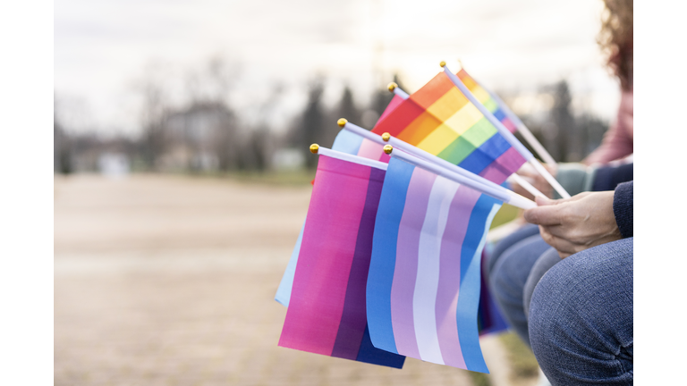 Multiple pride flags hold by people