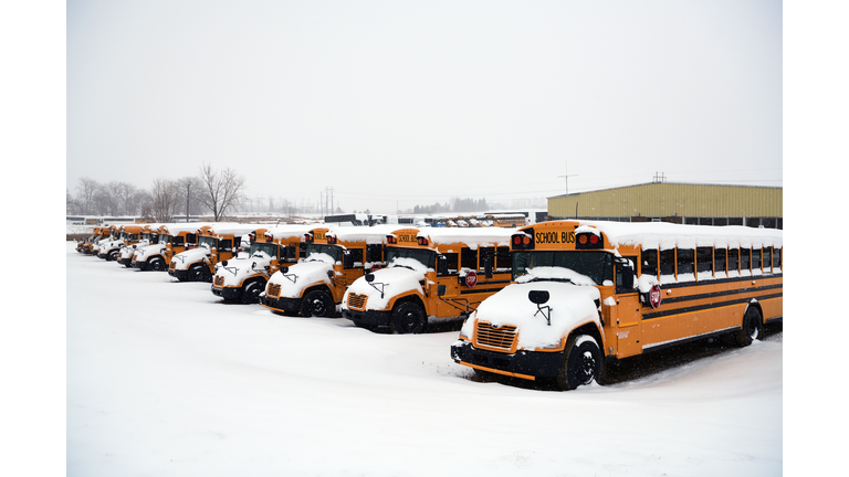 School bus and snow weather at Rugby, North Dakota, USA