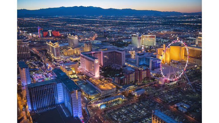 Aerial view of illuminated cityscape, Las Vegas, Nevada, United States, 