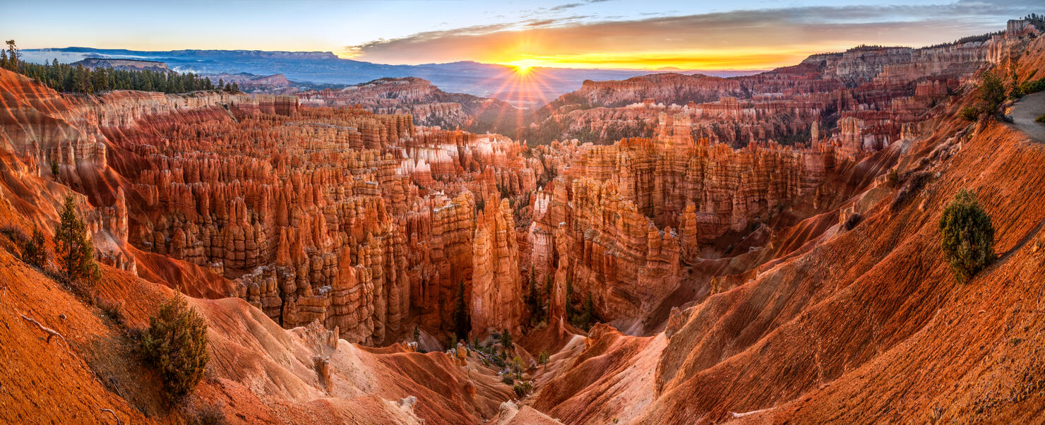 big panoramic photo of sunrise in Bryce Canyon National Park. Utah, USA.