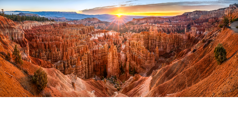 big panoramic photo of sunrise in Bryce Canyon National Park. Utah, USA.