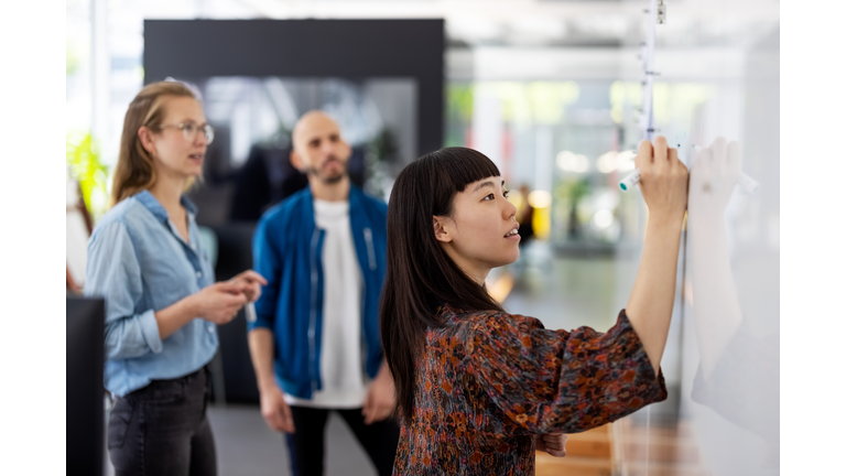 Businesswoman explaining new project plan to team in office