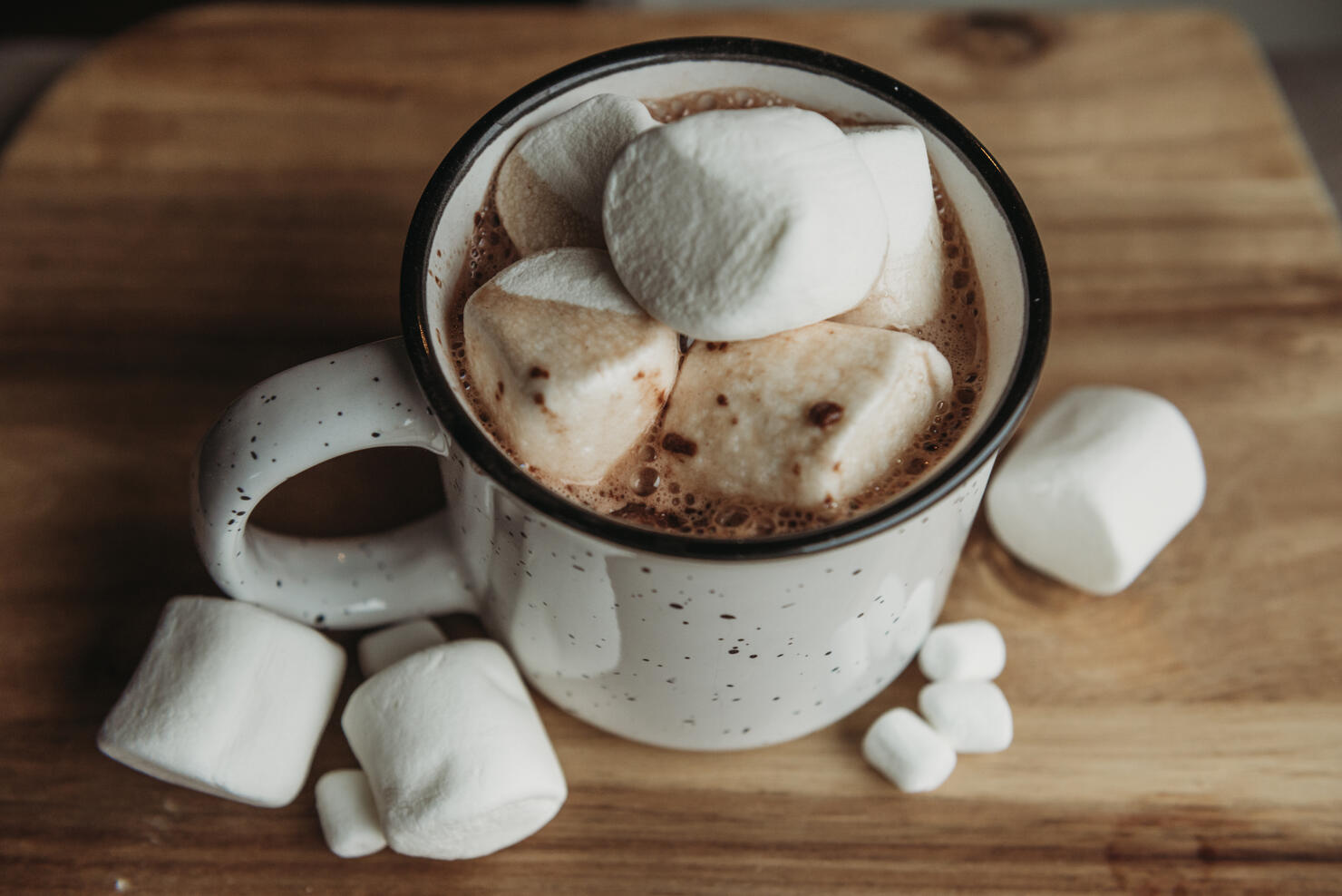 Mug filled with hot chocolate and marshmallows