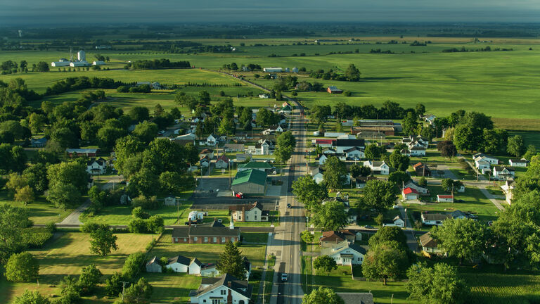 Main Street Running Through Small Ohio Town - Aerial