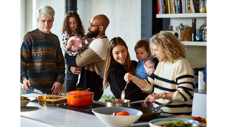 Family gathering at home for reunion dinner