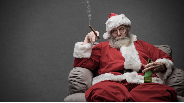 Bad Santa celebrating at home