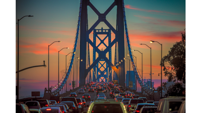 Rush Hour Traffic On Bay Bridge At Twilight