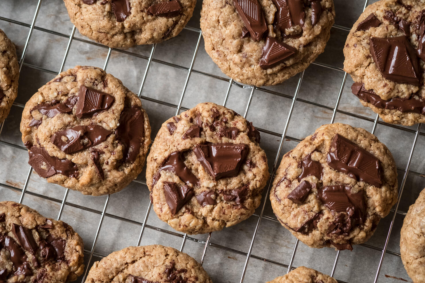 Vegan, Homemade Chocolate Chunk Cookies on Cooling Rack, Flat Lay