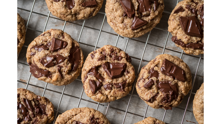 Vegan, Homemade Chocolate Chunk Cookies on Cooling Rack, Flat Lay