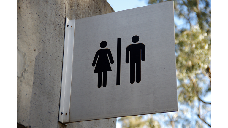 Female and male toilet sign on the exterior of a public restroom block