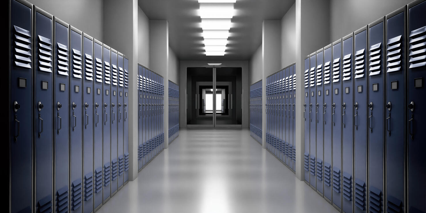 High school lobby with blue color lockers, perspective view. Fitness Gym, sports club hallway. 3d illustration