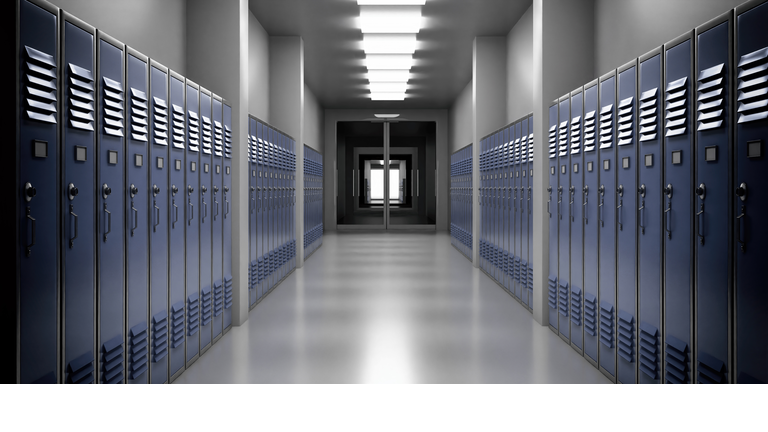 High school lobby with blue color lockers, perspective view. Fitness Gym, sports club hallway. 3d illustration