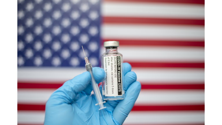 Covid-19 vaccine with syringe and American flag image in the background, Coronavirus SARS-CoV-2, vaccination