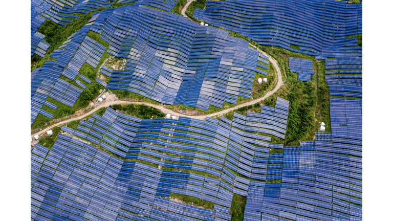 Looking down on a large area of solar farm