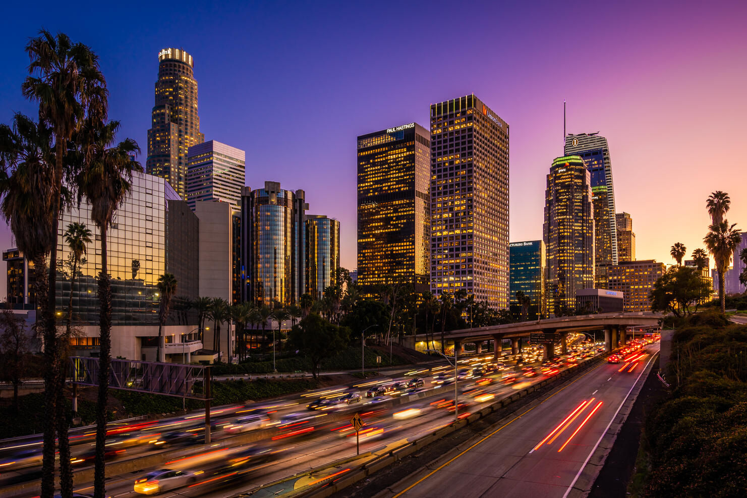 Busy traffic in Downtown Los Angeles at dusk