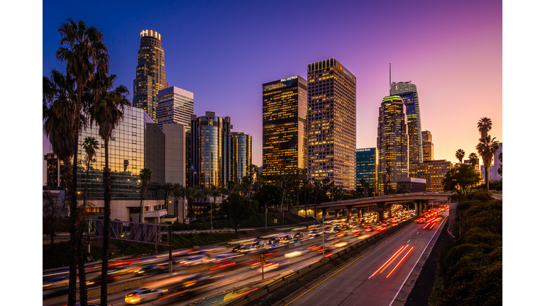 Busy traffic in Downtown Los Angeles at dusk