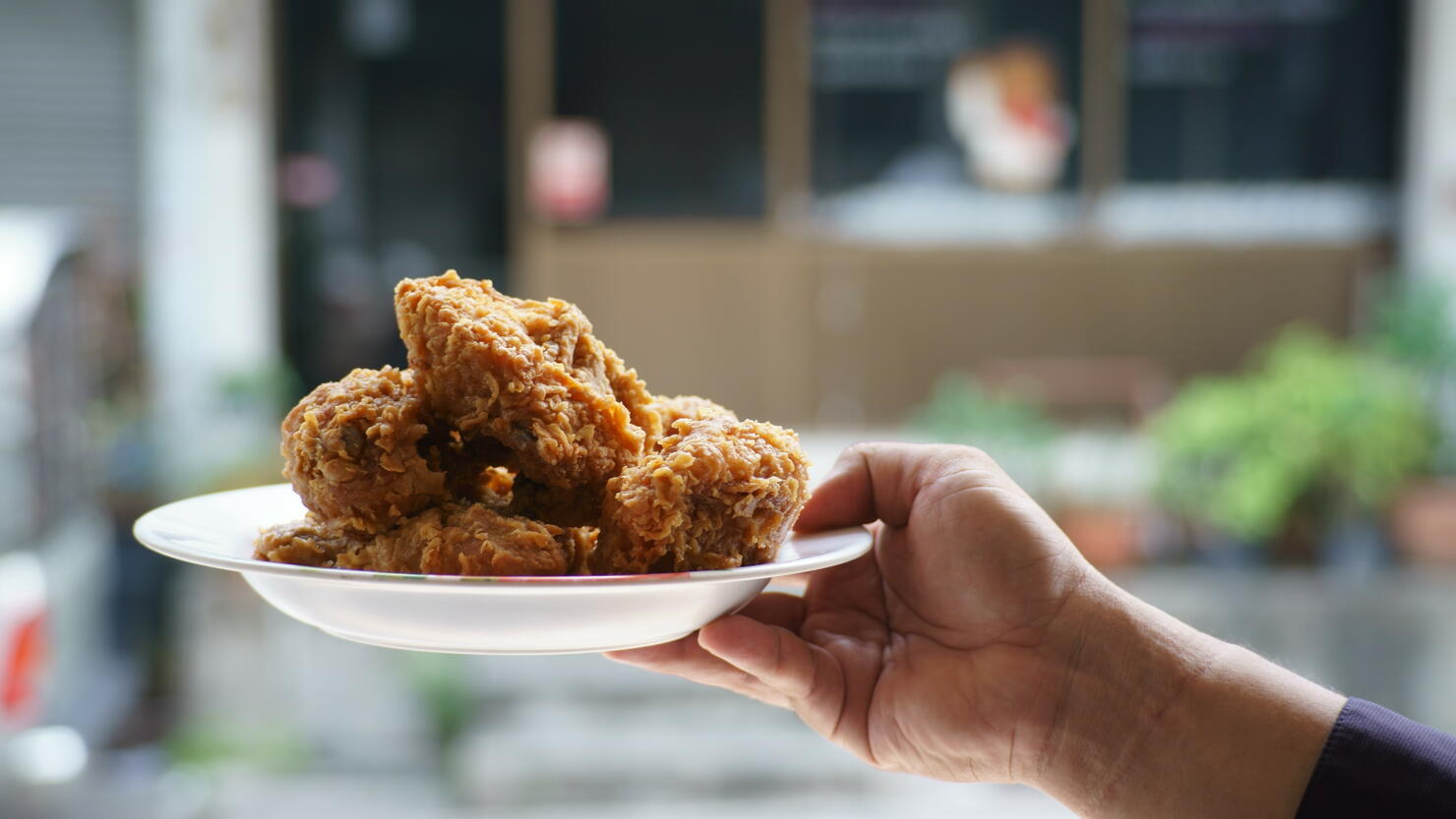 Close-Up Of Hand Holding Fried Chicken In Plate