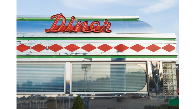 Diner Sign in Red Neon, Roadside Restaurant, Retro 1950's