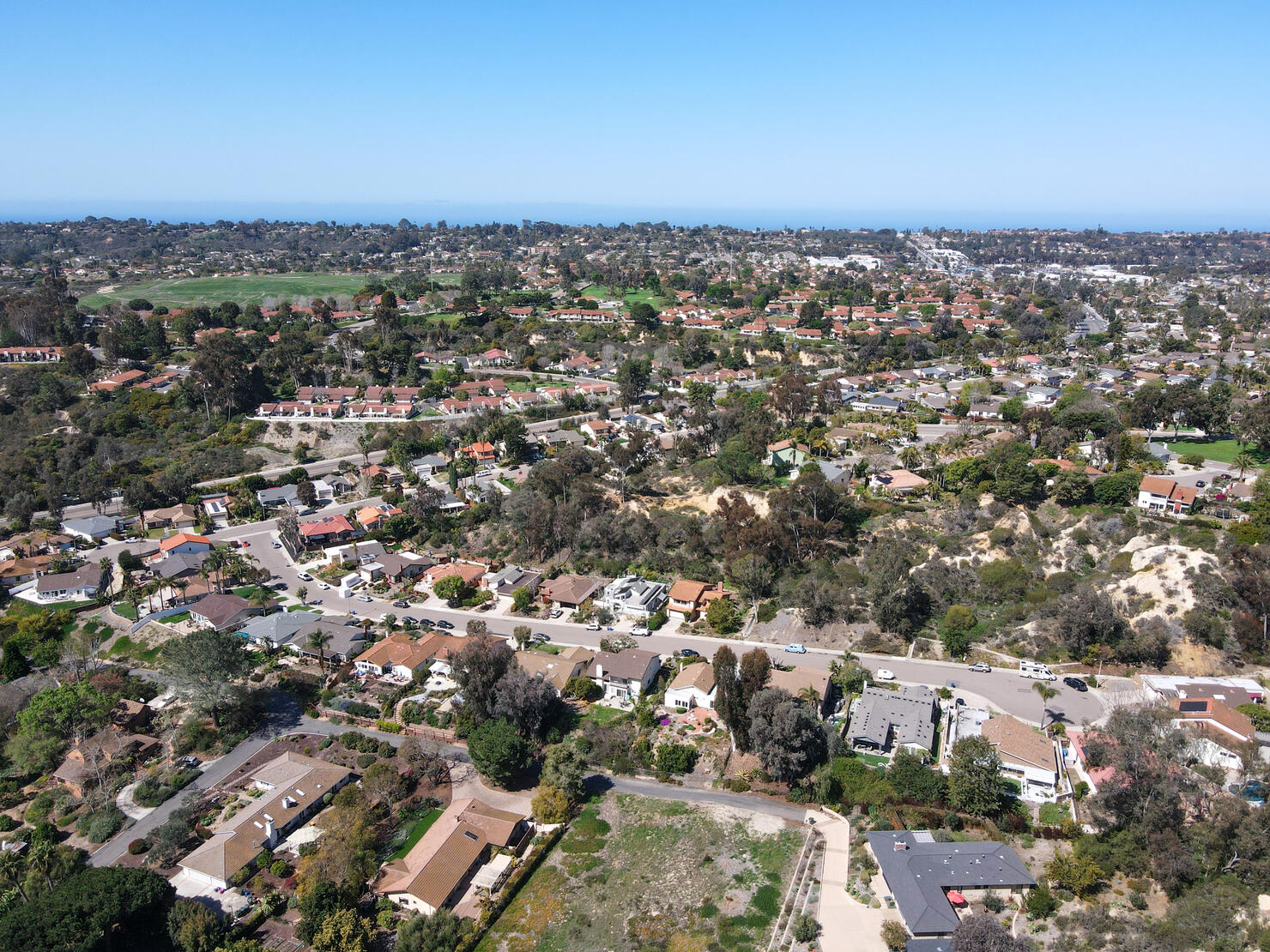 Aerial view of Rancho Santa Fe neighborhood with big mansions in San Diego, California, USA