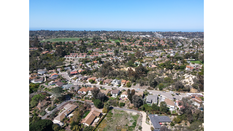 Aerial view of Rancho Santa Fe neighborhood with big mansions in San Diego, California, USA