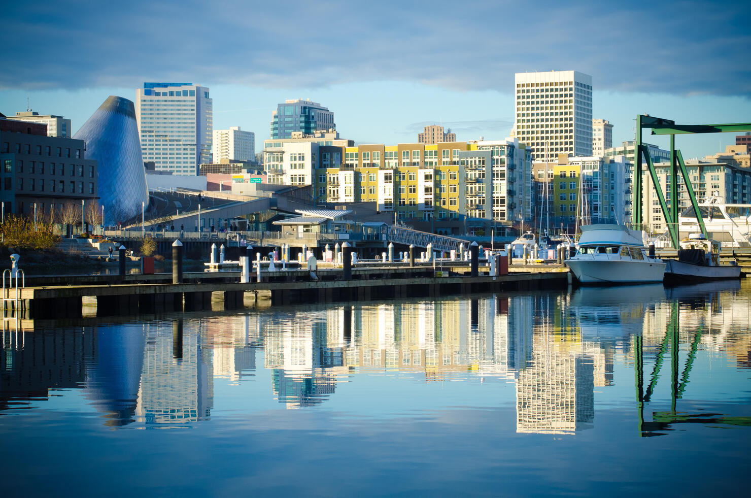 Foss Waterway with buildings and skyline in Tacoma, WA