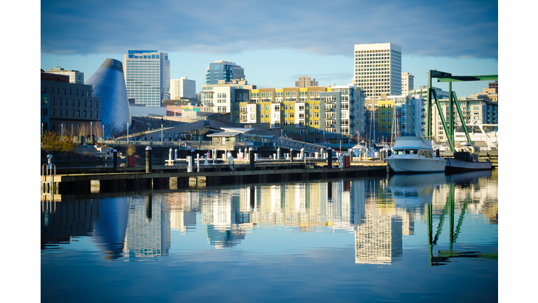 Foss Waterway with buildings and skyline in Tacoma, WA
