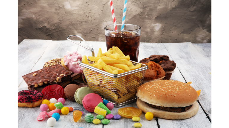 Unhealthy products. food bad for figure, skin, heart and teeth.