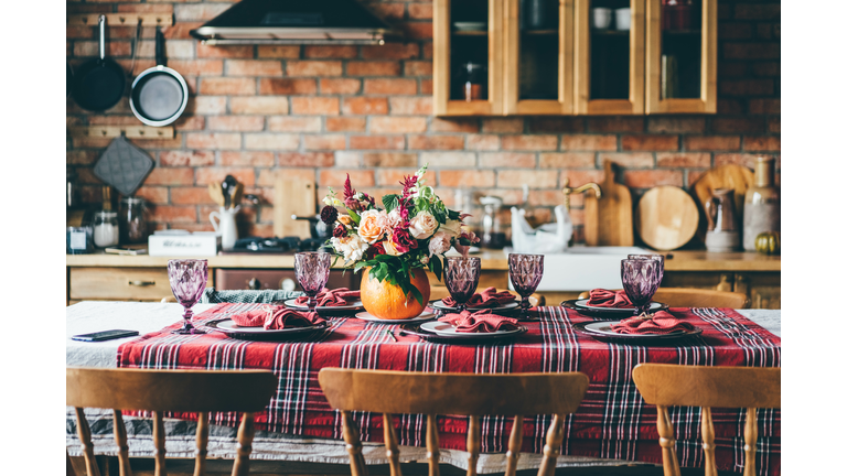 Thanksgiving celebration traditional dinner.Festive table setting.