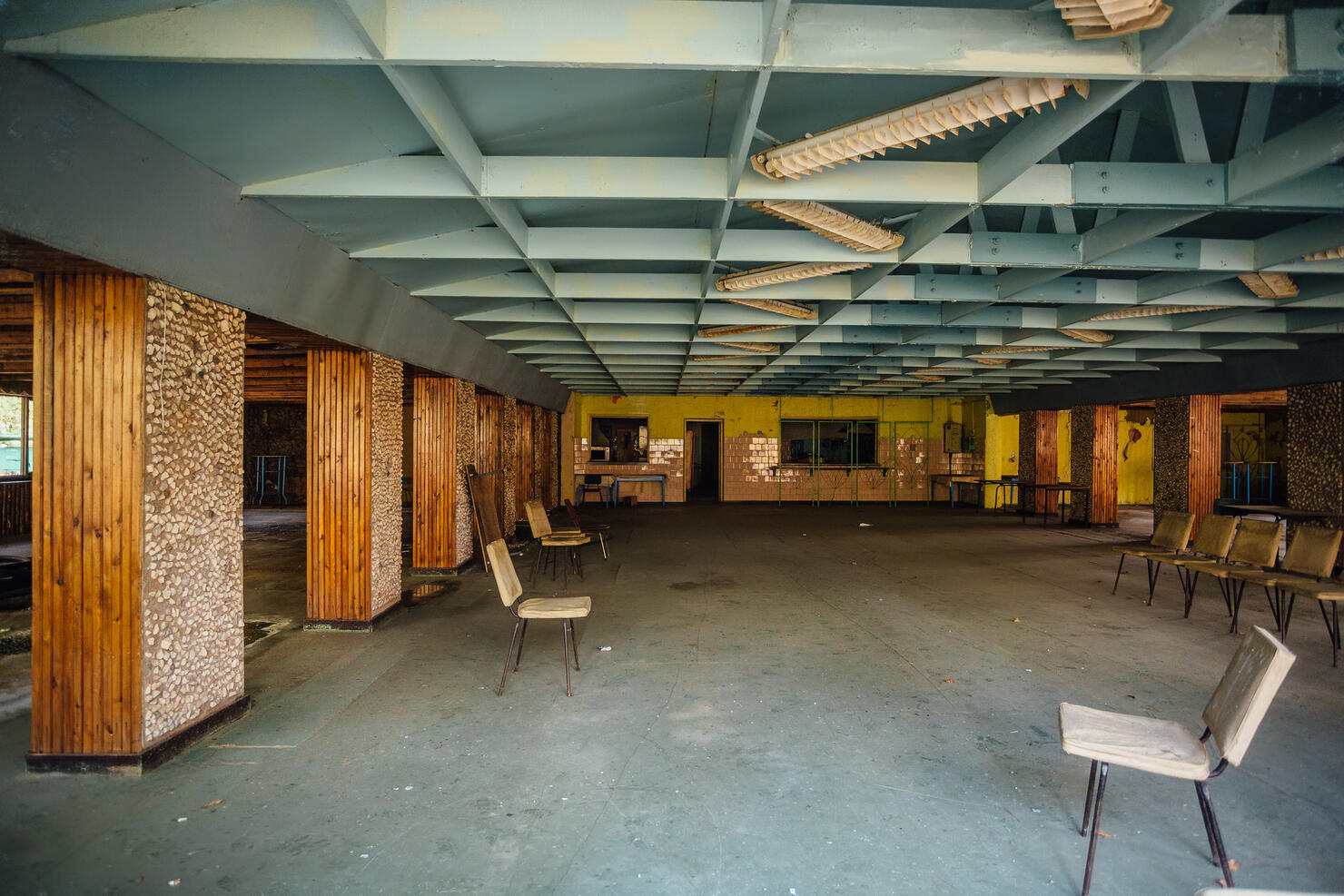 Abandoned children's canteen. Derelict dining room in pioneer camp