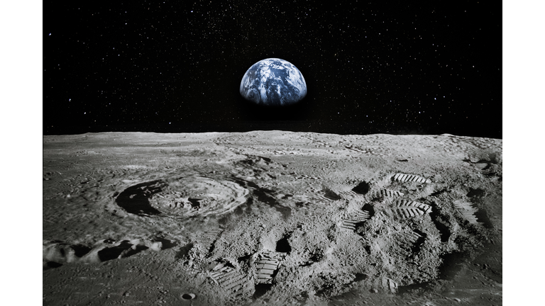 View of Moon limb with Earth rising on the horizon. Footprints as an evidence of people being there or great forgery. Collage. Elements of this image furnished by NASA.