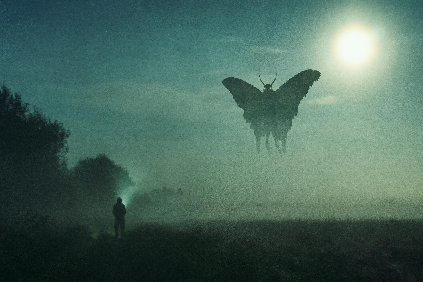 A horror concept. Of a man looking at a mysterious monster Mothman figure, flying in the sky. Silhouetted against the moon at night. With a grunge, textured edit.