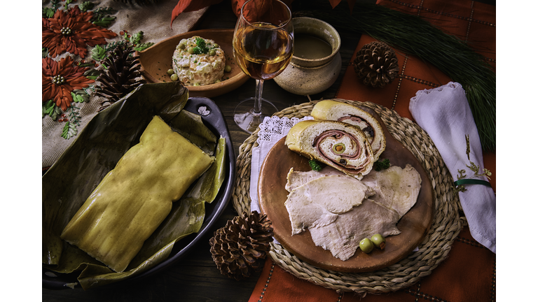 Venezuelan traditional Christmas food: Hallacas, Jamon Bread, Pernil de Cochino and Gallina Salad