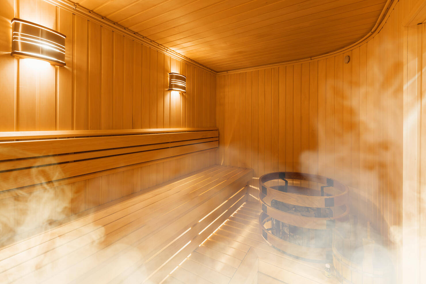 Interior of Finnish sauna, classic wooden sauna