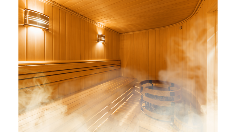 Interior of Finnish sauna, classic wooden sauna