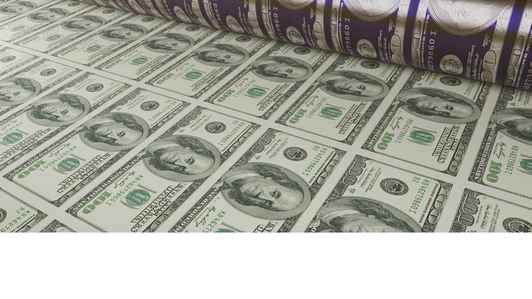 Printing new money. Concept of inflation with 100 dollar banknotes moving towards you from a printing roller.