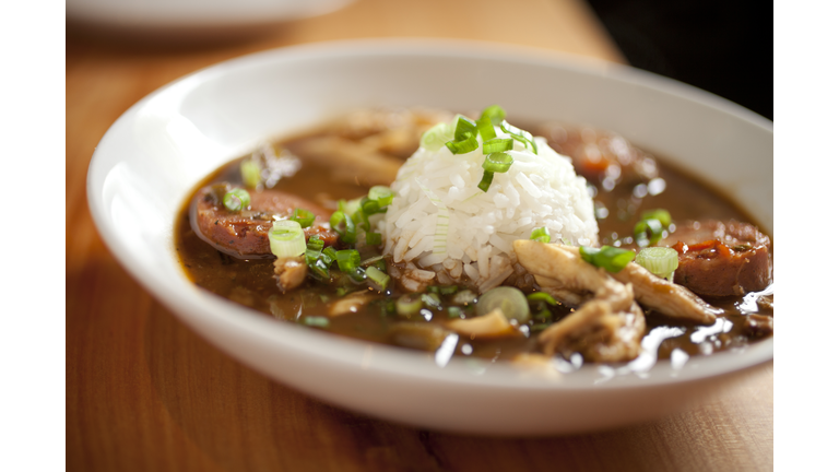 Dinner consisting of chicken gumbo with rice