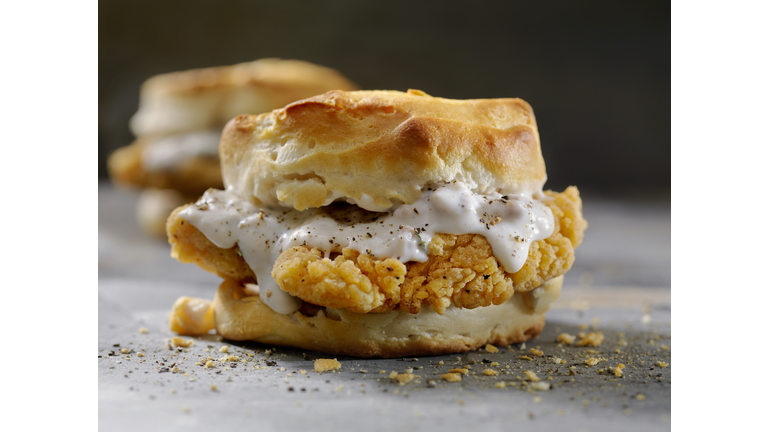 Fried Chicken Sandwich with Sausage Gravy on a Biscuit