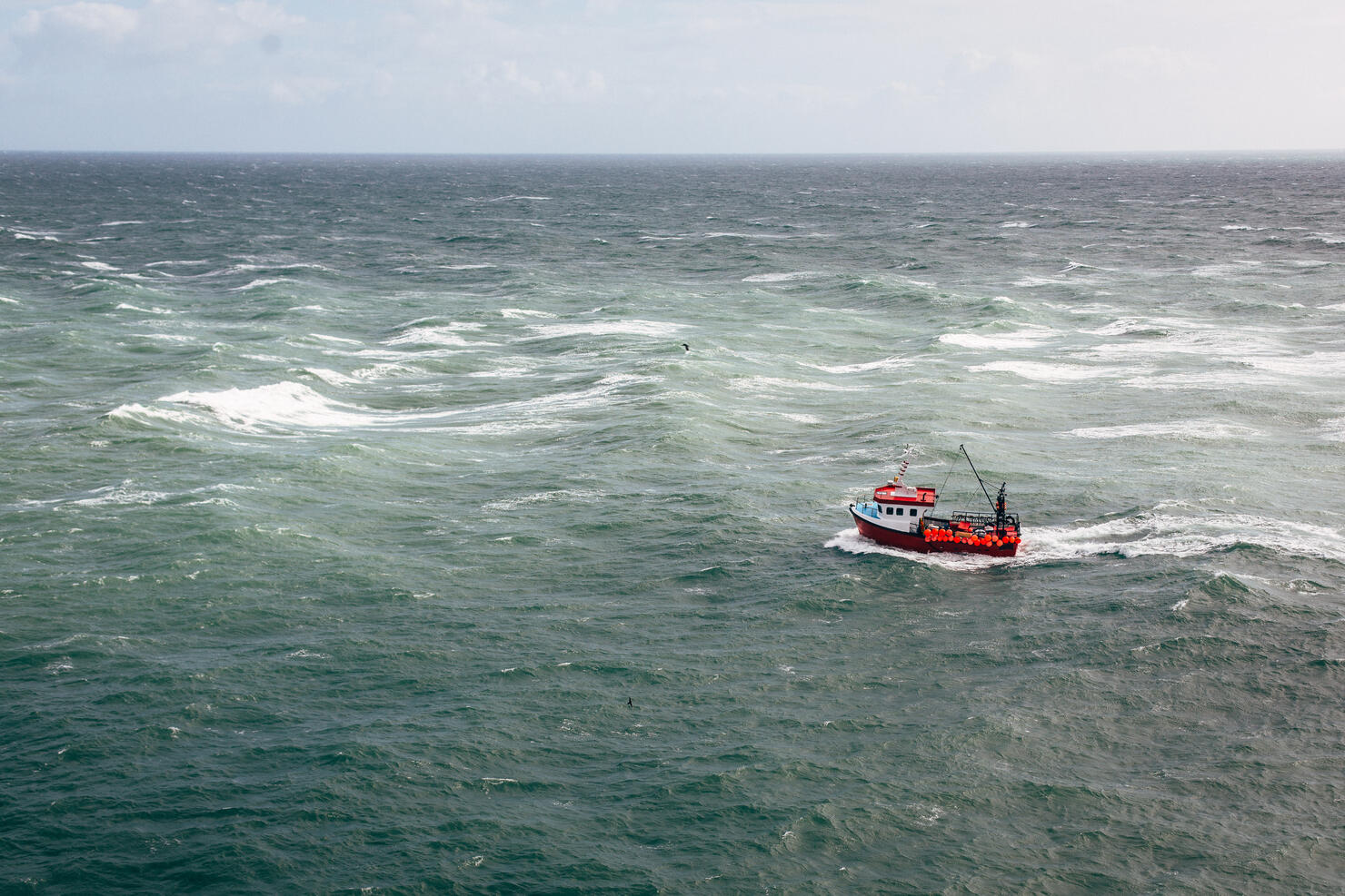 Aerial view of small fishing boat in open ocean