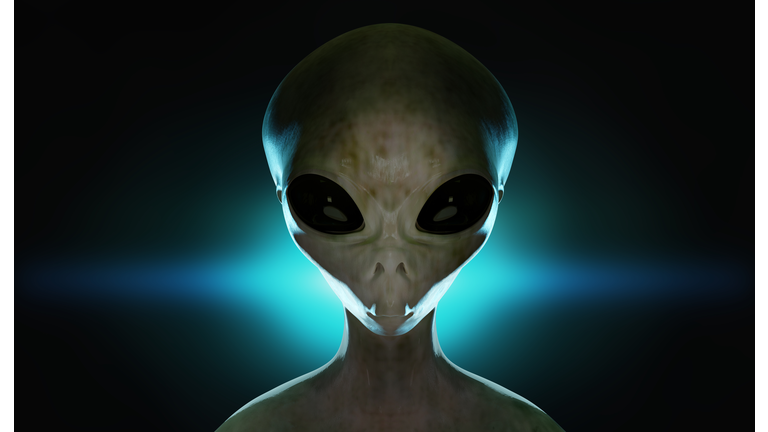 Spooky alien's face. Blue light in background. 3D rendered illustration.