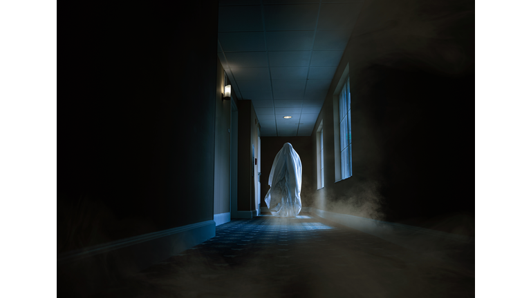 Spooky ghost moving alongside a hotel corridor