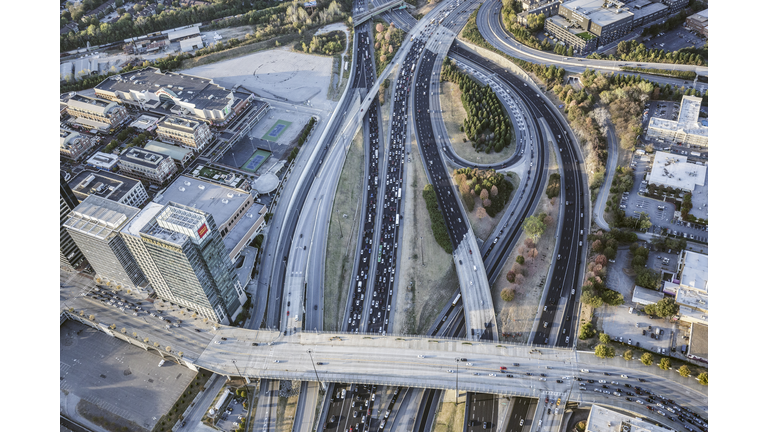 Aerial view of traffic in Atlanta at rush hour.